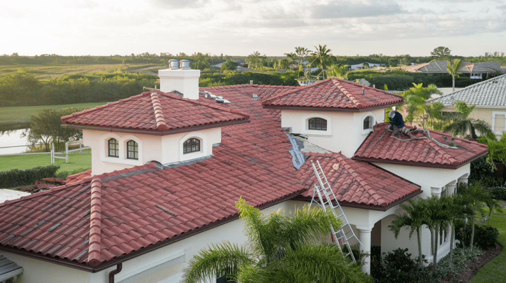 Florida roofing materials A person is seated on the red-tiled roof of a large house with multiple chimneys, perhaps contemplating a roof replacement. A ladder is positioned against the roof, and there's greenery and a pond in the background.