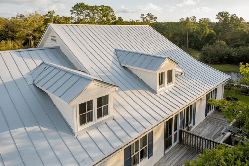 Aerial view of a house with a metal roof, showcasing dormer windows and a wooden deck, all nestled among trees. The impact-resistant roofing system not only adds durability but also complements the tranquil setting.
