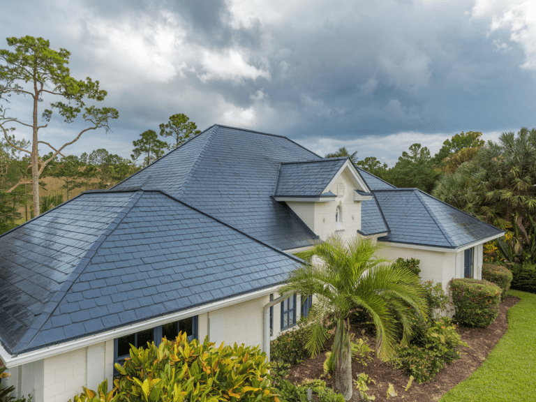 A white house with a dark roof, surrounded by lush greenery and overcast skies, showcases the elegance of one of the longest lasting roofs. The choice highlights a commitment not just to beauty but to roofing longevity as well.