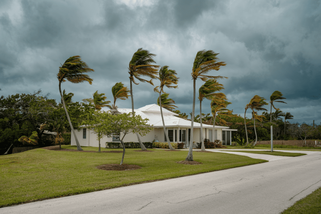 A house with palm trees bending in the wind under a cloudy sky, fortified by hurricane-proof roofs, stands resilient against the elements.