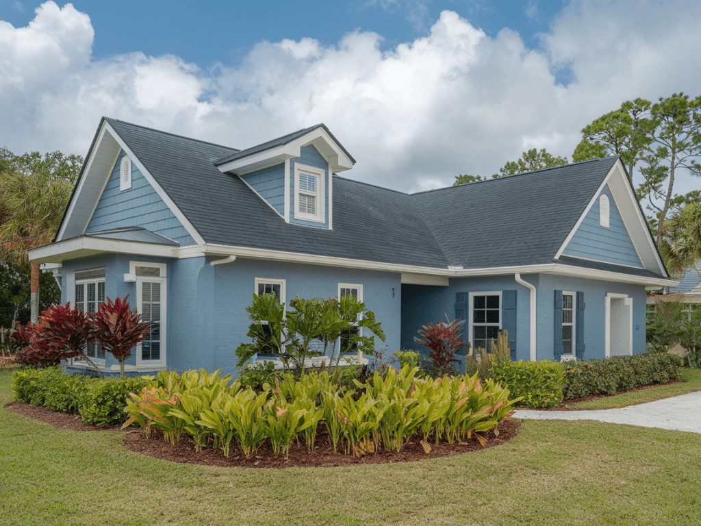 A blue suburban house with a dark, durable roof complements the manicured lawn and a variety of shrubs and plants in the garden.