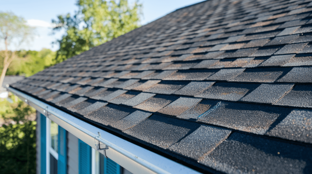 Close-up of a residential rooftop with dark asphalt shingles, featuring a rain gutter. Energy-efficient design helps in heat absorption, making it ideal for conserving warmth. Trees and clear sky are visible in the background.