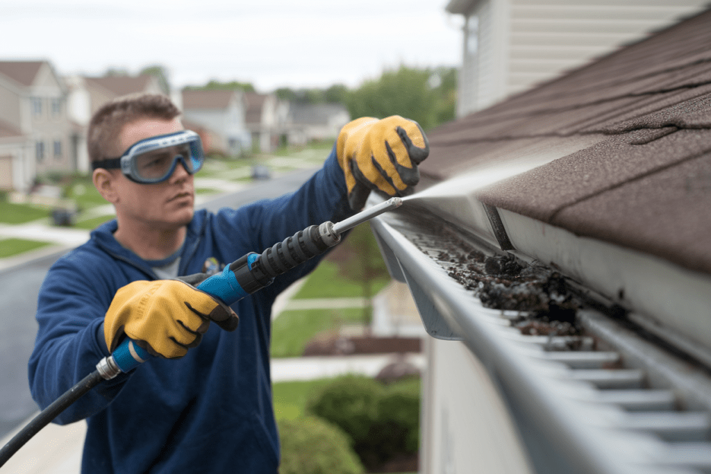 A person wearing goggles and gloves diligently pressure washes debris from a house gutter, ensuring proper roof maintenance in a suburban neighborhood.