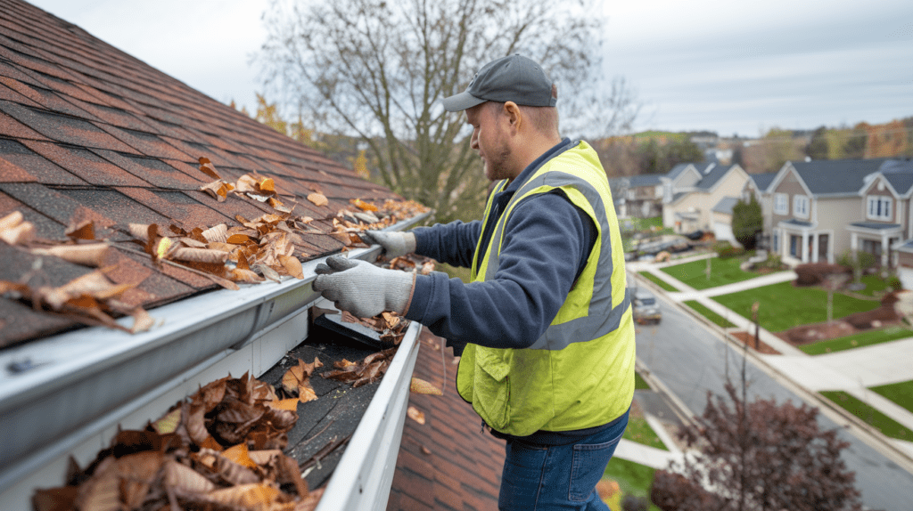 A worker in a safety vest is diligently performing gutter cleaning, removing autumn leaves from a house gutter on a rooftop, with a picturesque suburban neighborhood as the backdrop.