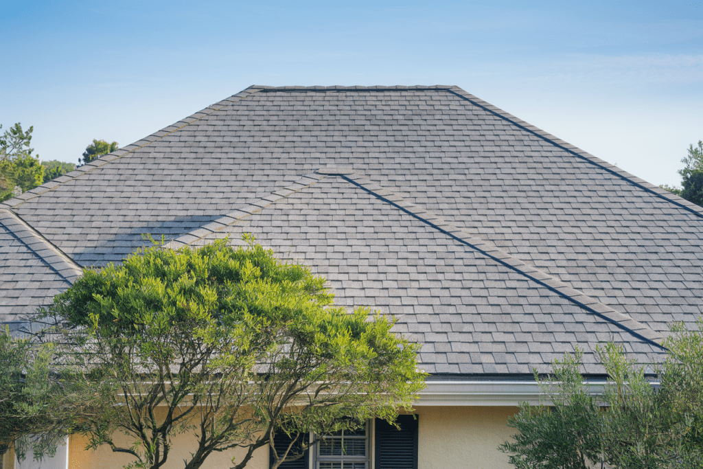 A house with a well-maintained gray shingle roof stands against a clear blue sky, framed by lush green trees in the foreground.