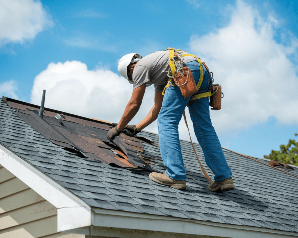 A skilled roofing contractor, securely fastened in a safety harness, repairs shingles on a rooftop under a clear blue sky.