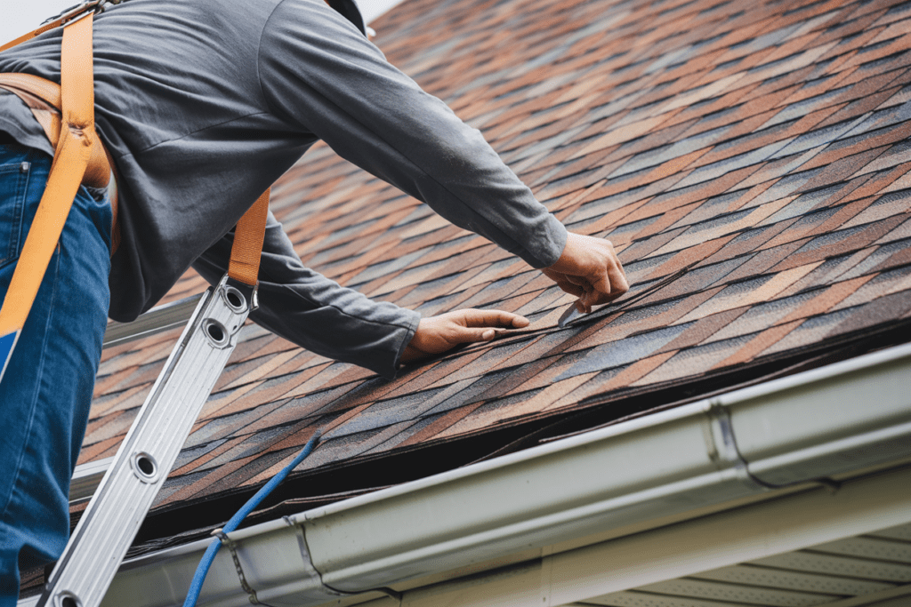 A person on a ladder is conducting roof maintenance, carefully inspecting the shingles while securely fastened with a harness for safety.