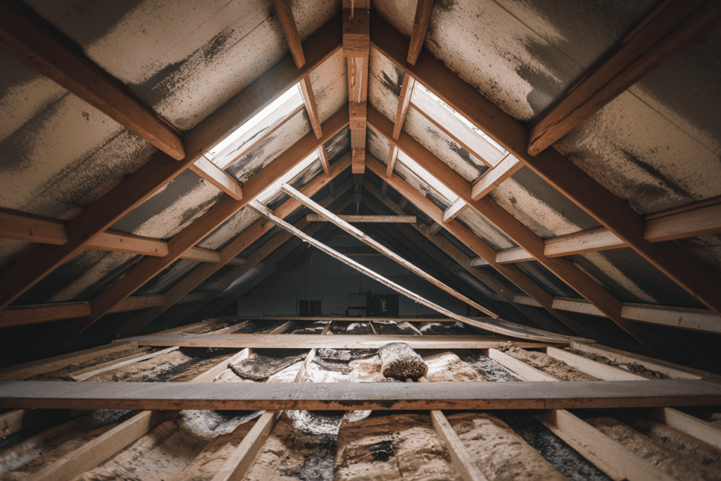 View of an attic with exposed beams and skylights, showcasing roof maintenance with visible insulation and wooden planks on the floor.