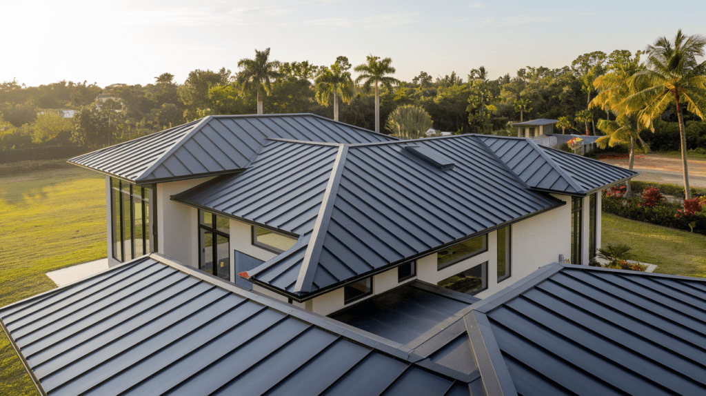 Aerial view of a modern house with a dark, energy-efficient metal roof, large windows, and surrounding greenery, including palm trees.