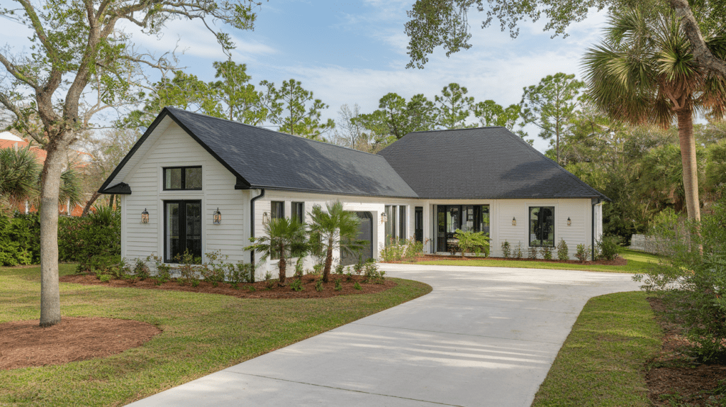 A white single-story house with an energy-efficient black roof, surrounded by trees and a landscaped lawn. A concrete driveway leads to the entrance.