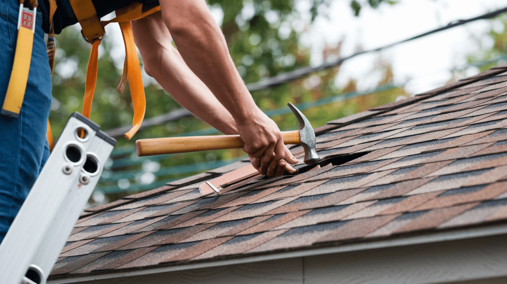 Person conducting a roof leak repair with a hammer, standing on a ladder. Wearing a safety harness, working diligently on brown shingles with tools nearby, he ensures every aspect is covered as part of his meticulous roof inspection service.