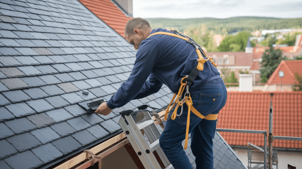 A worker wearing a safety harness stands on a ladder, installing slate tiles on a pitched roof of a building, ensuring no need for future roof leak repair, with a residential area in the background.