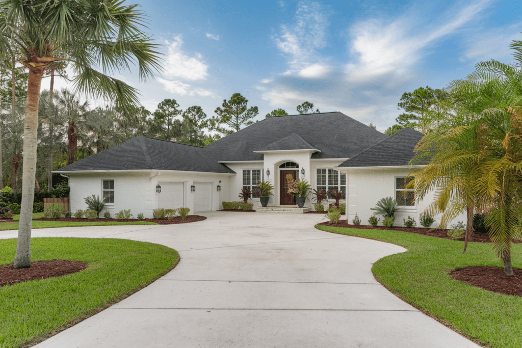 The exterior view of this modern suburban house features a circular driveway, palm trees, and a well-kept lawn under a blue sky. Its design incorporates energy-efficient roofing materials, adding both style and sustainability to the serene landscape.