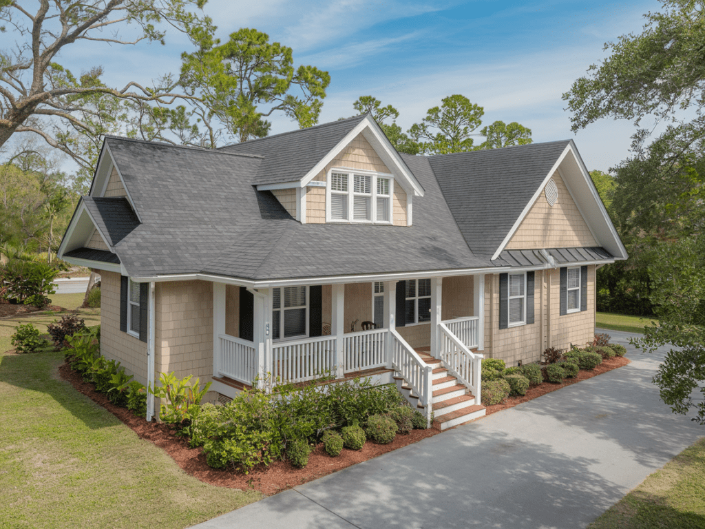 Classic suburban house with energy-efficient shingles, a charming porch, and a landscaped yard under a clear blue sky.