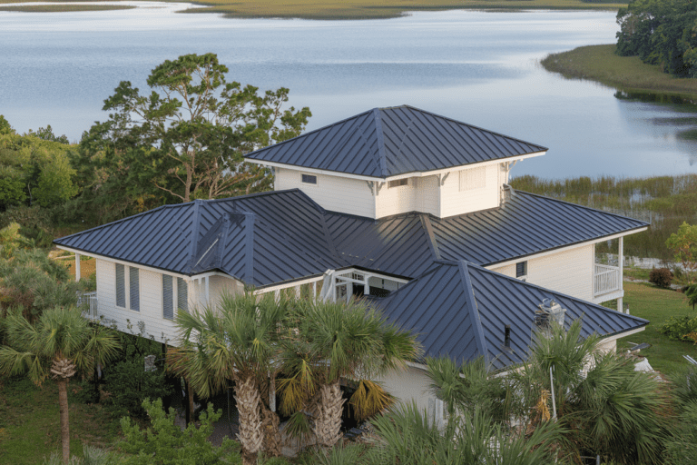 A large white house, crowned with sleek metal roofing, is surrounded by palm trees, nestled near a shimmering body of water with lush greenery in the background.