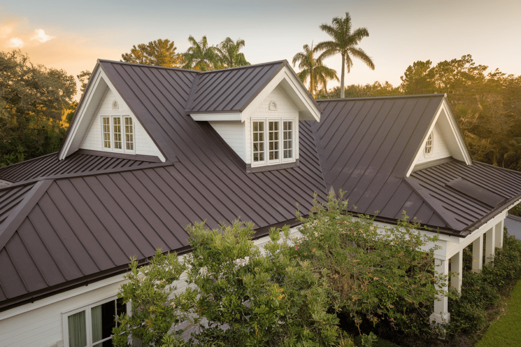 A house with a sleek metal roofing and dormer windows nestles among the trees, set against a canvas of sunset sky.