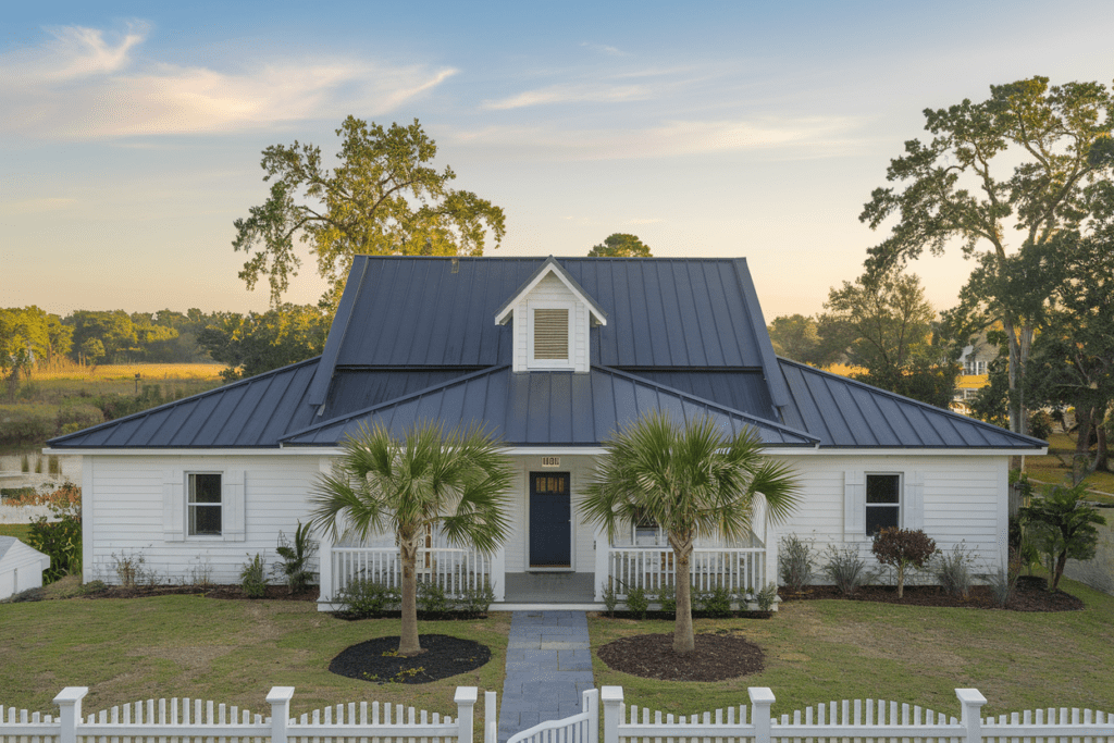 A charming white house with metal roofing, framed by palm trees and a white picket fence at sunset.