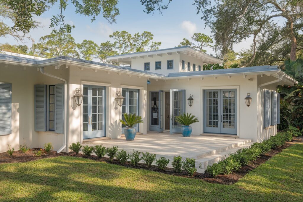 A modern white house with blue shutters, large windows, and a spacious patio surrounded by greenery and trees boasts a sleek flat roof. This architectural design prompts the question: what roofing material is best for a flat roof to ensure durability and style?.