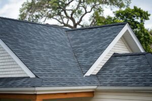 Close-up of a house roof with dark shingles, possibly painted for a fresh look, gables, and trees in the background on a sunny day.