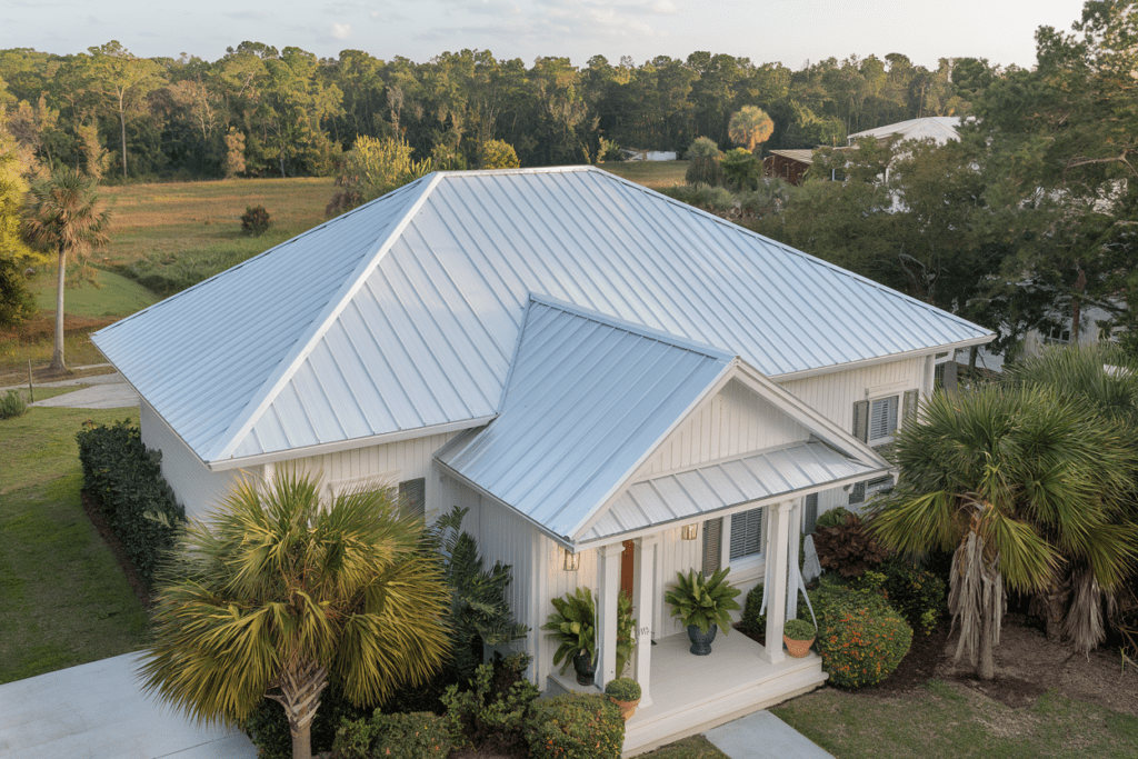 A white house with sleek metal roofing nestles among palm trees and lush greenery, basking under a clear sky.