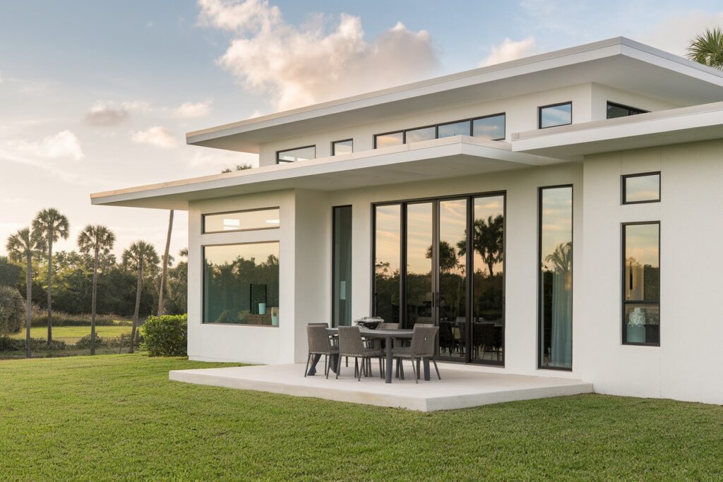 Modern white house with large glass windows, a patio set, and a sleek flat roof—perfect for exploring what roofing material is best. The serene setting is surrounded by a grassy lawn and palm trees at sunset.