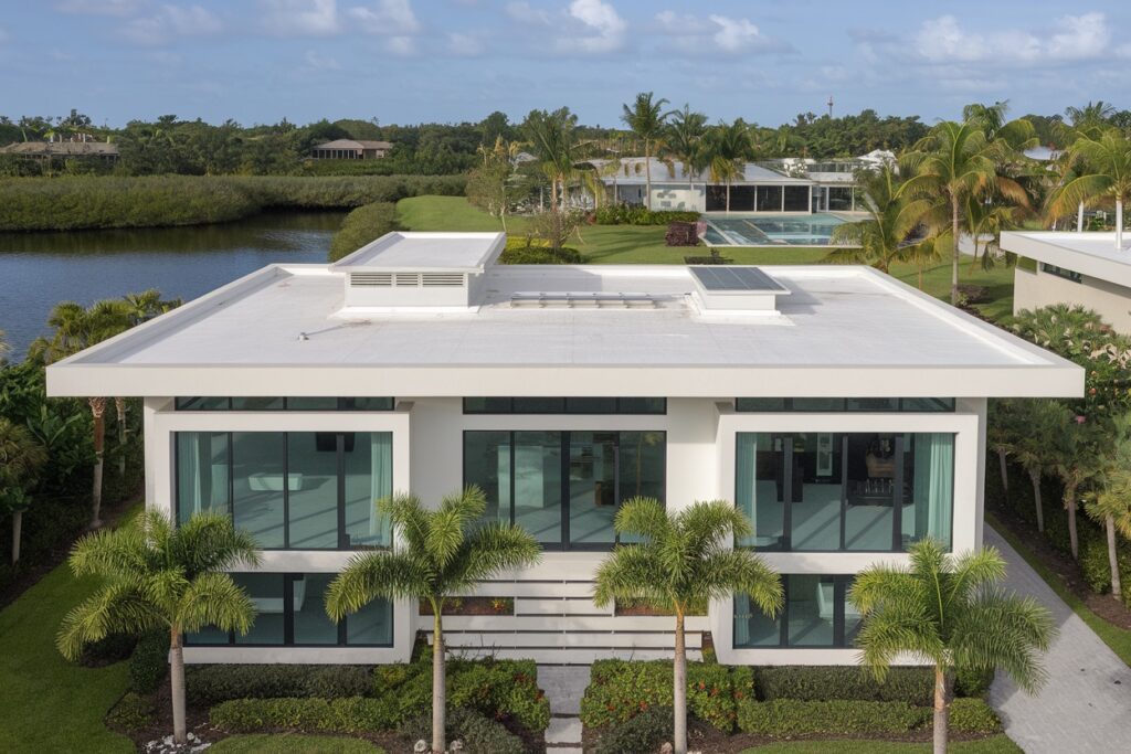 This modern white house, featuring large glass windows and embraced by palm trees, sits near a shimmering body of water under a blue sky. Considering what roofing material is best for a flat roof could enhance its sleek design and durability.