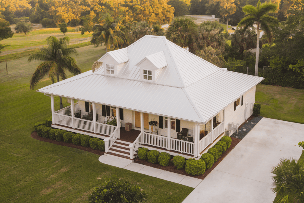 A white house with a metal roof, known for exceptional roof shingle ratings, is surrounded by a well-manicured lawn and swaying palm trees.