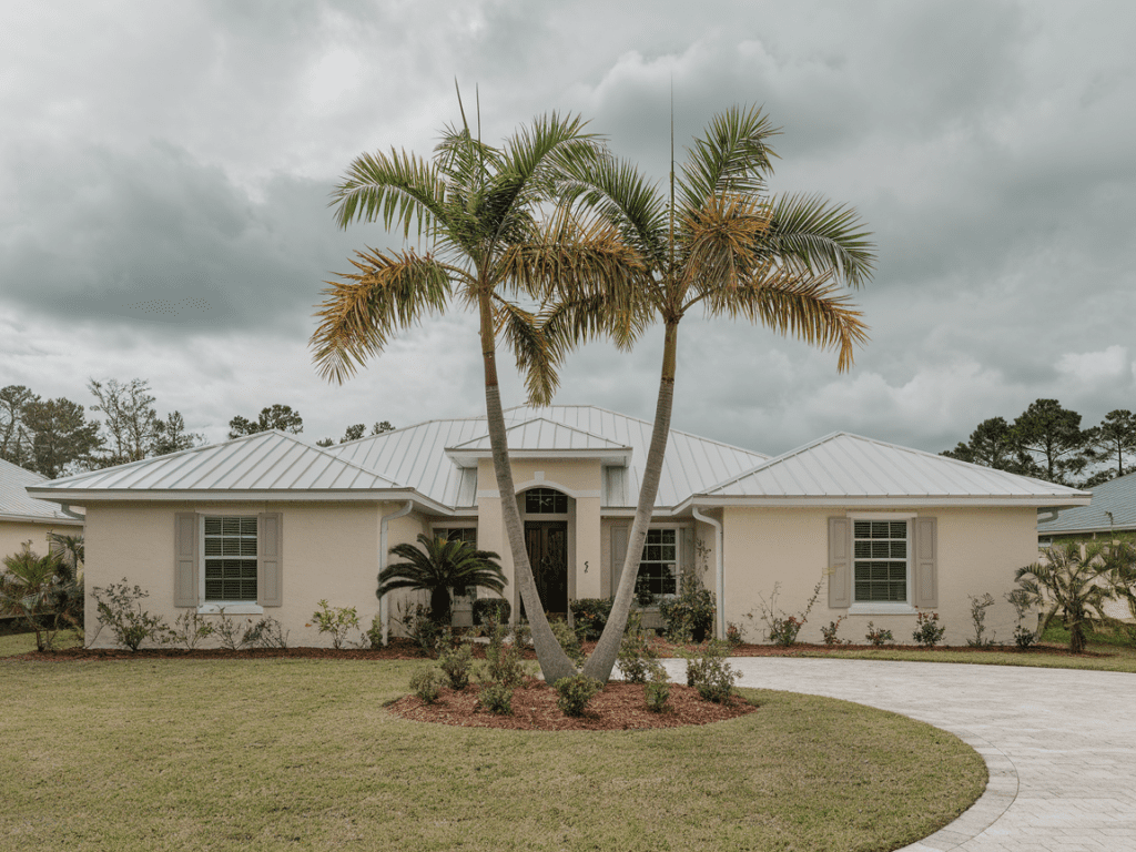 Single-story house with palm trees and a durable metal roof, complemented by a curved driveway under a cloudy sky, showcasing the roofing longevity comparison of top options.