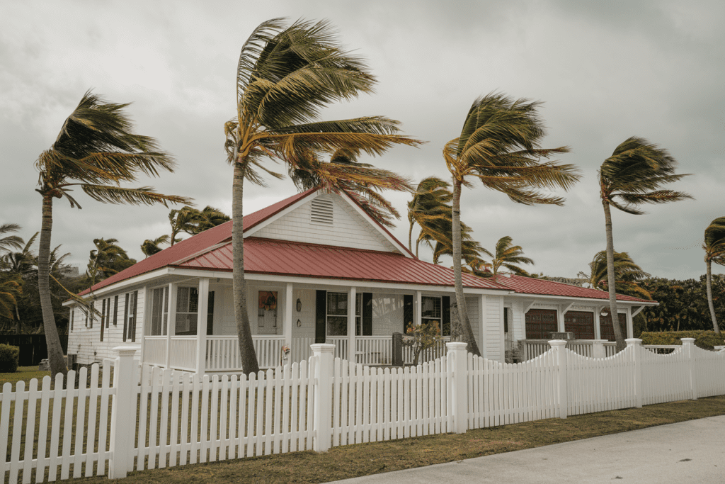 A house with a red roof, featuring top-tier roof shingle ratings, is surrounded by palm trees blowing in the wind, behind a white picket fence.