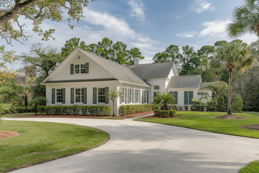 A large white house with gray shutters, a long driveway, and surrounded by green trees and a well-manicured lawn boasts wind-resistant roofing materials for added peace of mind.