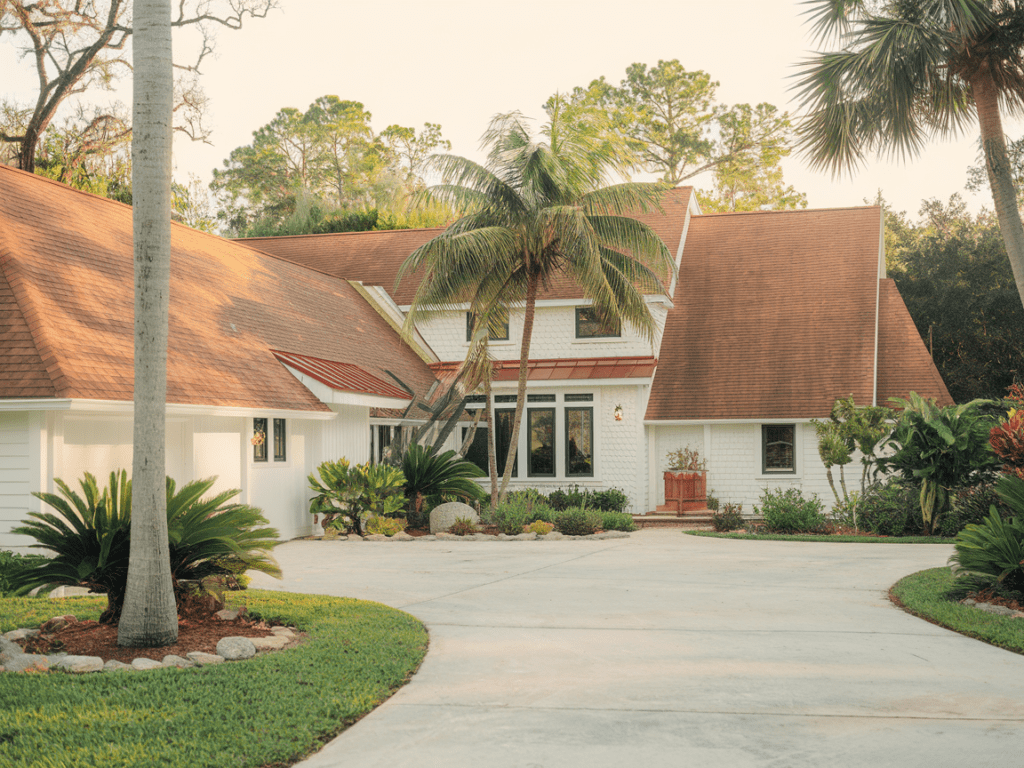 A tropical-style house boasts a palm tree in the front yard and a circular driveway, complemented by roofing renowned for its durability.