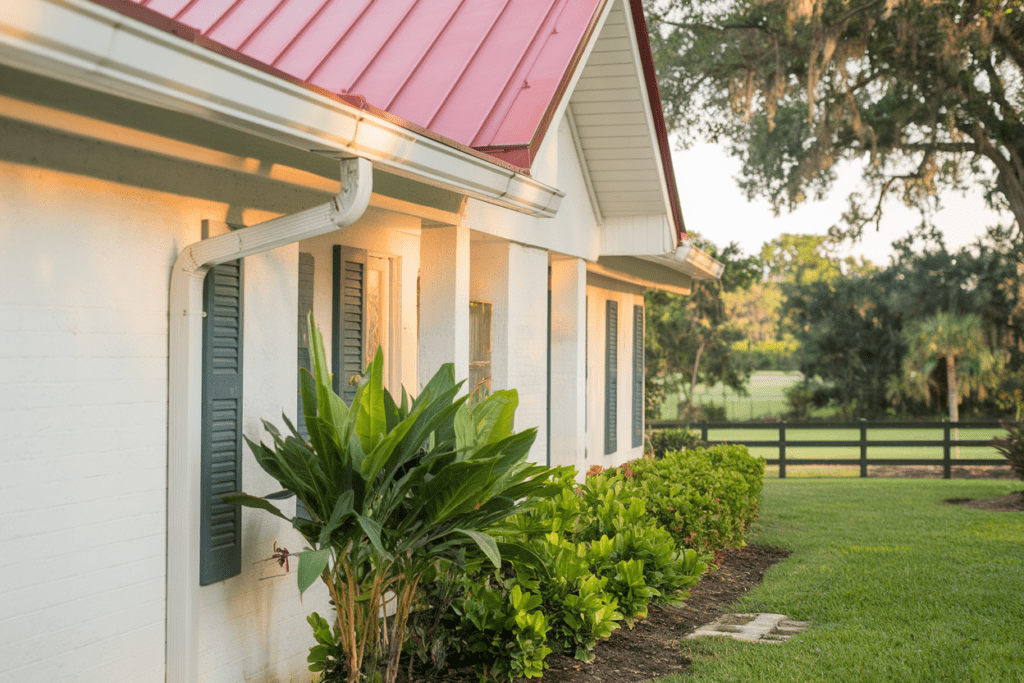 A charming house with white walls, green shutters, and a red, hurricane-proof roof. Its surrounded by lush plants and a fenced grassy yard.