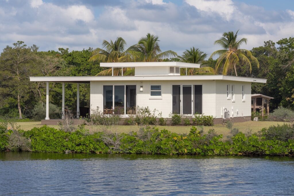 A modern white house with large windows, surrounded by palm trees, sits by a lake under a partly cloudy sky. Its sleek design includes an innovative flat roof showcasing the best materials for durability and style.